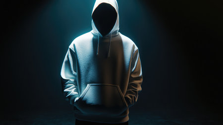 A hoodie positioned in a dark room with a single beam of light highlighting its texture and foldsの素材
