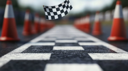 A race event banner fluttering above an empty start line with cones neatly alignedの素材