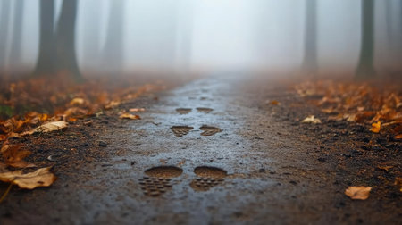 Fresh footprints on a dirt trail winding through a misty forest, with fallen leaves scattered on the groundの素材
