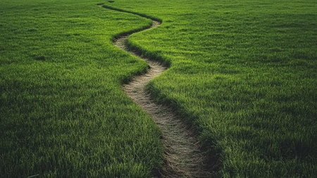Grass field with a worn running path creating a visible line through the greenの素材
