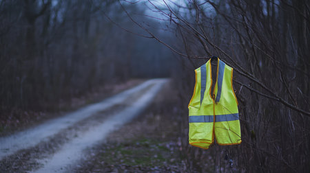 Reflective safety vest draped over a tree branch beside a rural trailの素材