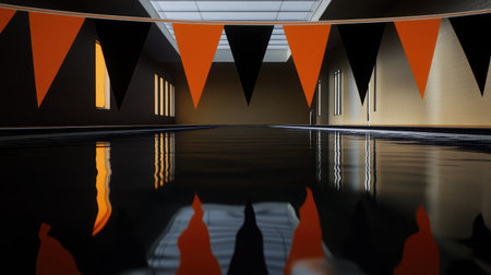 Swim meet flags hanging over still water with perfect symmetry in an empty aquatic centerの素材