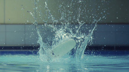Surface tension of water in a pool broken by a dropped kickboard, mid-splashの素材