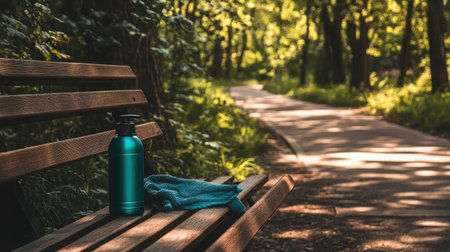 Water bottle and towel placed neatly on a park bench beside a running path under overcast skiesの素材