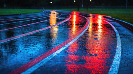 Reflected light on a wet stadium track after a rainstorm, lines gleaming in the duskの素材