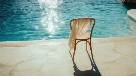Towel draped over a chair at the side of a pool, background showing blue water and shadowsの素材