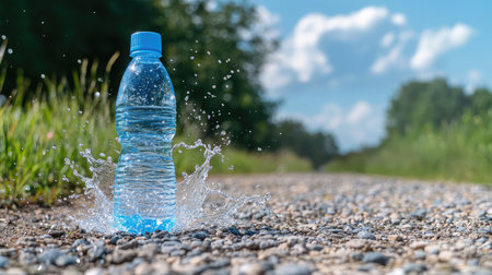 Water bottle mid-splash as it's dropped beside a gravel path in a rural open fieldの素材