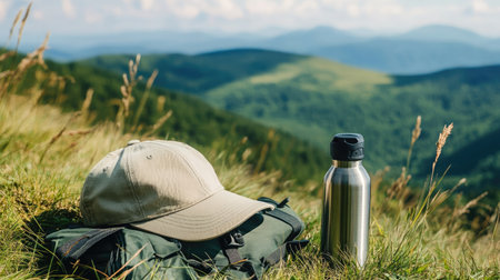 Running cap and water flask beside an overlook on a mountain summitの素材