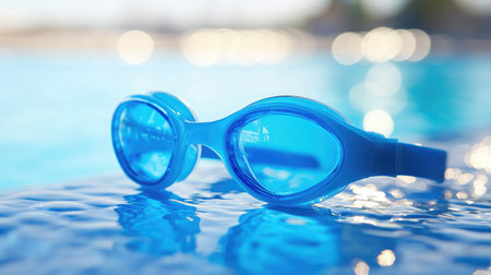 Swimming goggles resting on the edge of an Olympic pool with clear blue water shimmering in the backgroundの素材