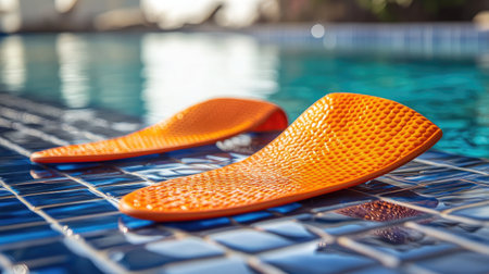 Swim fins and kickboard resting near poolside tiles with a faint water reflectionの素材