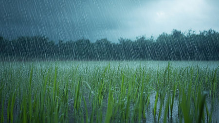 Tall grass in an open field bending under the weight of rain during a passing stormの素材