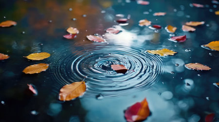 Close-up of ripples forming on a puddle as raindrops splash into the water, surrounded by scattered leavesの素材