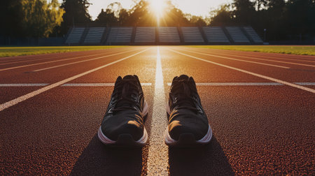 A single set of running shoes resting on a track lane at sunrise, with long shadows and empty stands in the distanceの素材