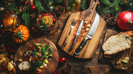 Carving knife and fork set laid out on a festive kitchen table surrounded by food prep toolsの素材