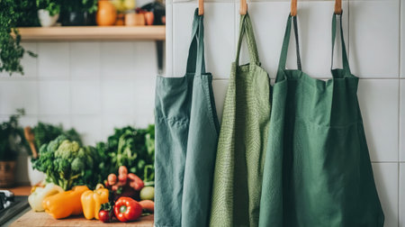 Aprons hanging beside a kitchen sink filled with rinsed fruits and vegetables ready to prepの素材