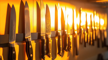 A neat row of various kitchen knives with blade edges reflecting light on a wooden rackの素材