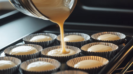 Cupcake batter being poured into liners, tray ready to go into a preheated ovenの素材
