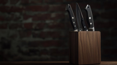 Collection of kitchen knives stored in a wooden block, shot in a minimalistic modern kitchenの素材
