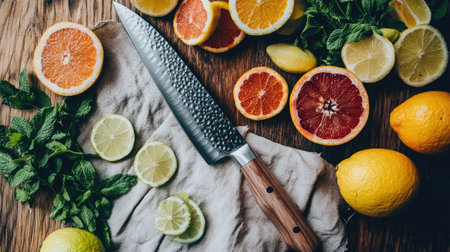 Clean knife on a linen kitchen towel surrounded by cut citrus and sprigs of mintの素材