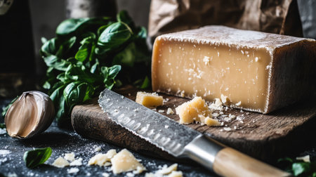 Detailed image of knife edge resting beside freshly grated cheese on a rustic boardの素材