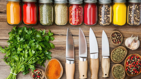 Knife with a clear acrylic handle placed beside chopped herbs and a spice jar collectionの素材
