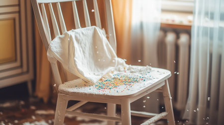 Messy table with spilled flour, scattered sprinkles, and a mini apron draped over a chairの素材