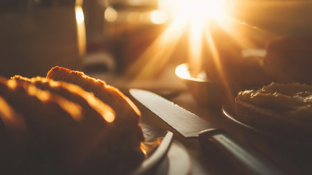 Knife blade glinting in the morning sunlight over a breakfast setup with bread and spreadsの素材