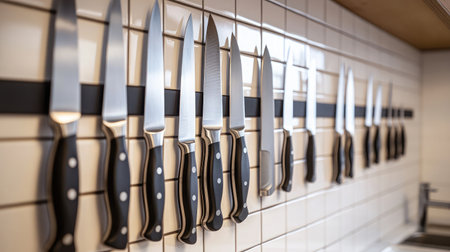 Set of sharp kitchen knives arranged neatly in a magnetic wall strip on a white tiled backsplashの素材