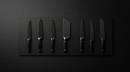 View of magnetic knife rack mounted on a matte black wall with minimalist kitchen decorの素材