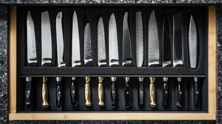 Top view of organized knife drawer with professional knives set in foam holdersの素材
