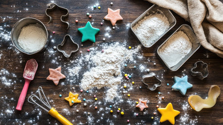 Colorful cookie cutters, flour bag, and a handwritten recipe spread out on a rustic tableの素材