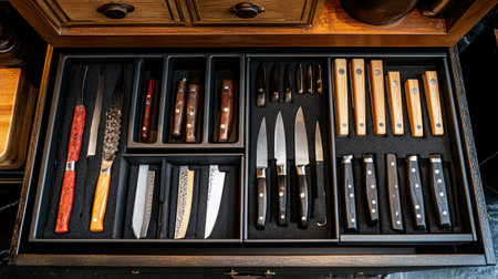 Top view of organized knife drawer with professional knives set in foam holdersの素材