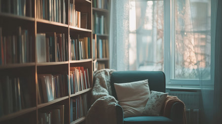 Child's chair beside a parent-sized armchair, both facing a small bookshelf filled with booksの素材
