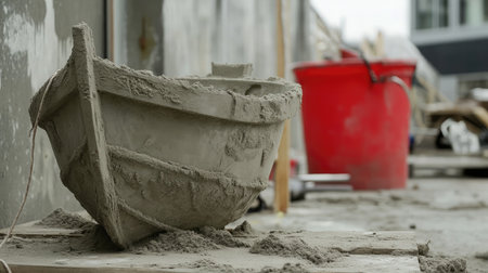 Empty bucket turned upside down beside half-finished sand boat mold in progressの素材