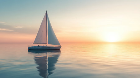 Slow-moving sailboat on calm sea with glassy water reflecting the boat's sailの素材