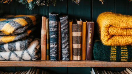 Shelf of read-aloud favorites with cozy throw blankets folded nearby in a home reading cornerの素材