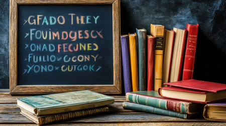 Whiteboard with the alphabet and phonics blends next to a stack of illustrated booksの素材