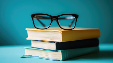 Stack of leveled reading books topped with a pair of child's reading glassesの素材