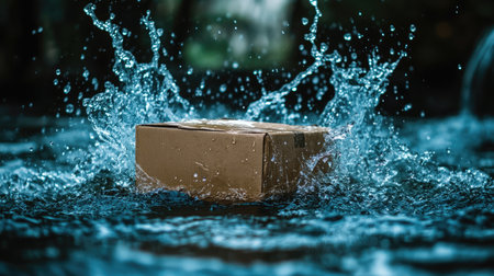 Abstract composition featuring floating carton over liquid splash patternsの素材