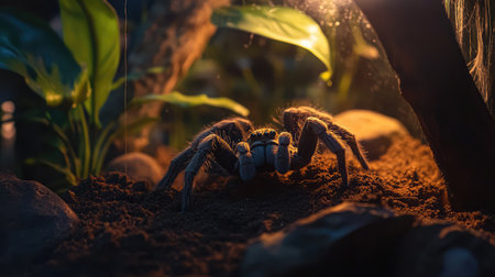 Ambient lighting on a spider tank showing a relaxed spider in an earth-toned enclosureの素材
