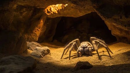 Ambient lighting on a spider tank showing a relaxed spider in an earth-toned enclosureの素材