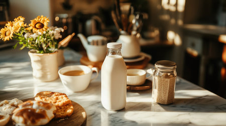 A plain white milk carton stands on a marble countertop in a softly lit kitchen, surrounded by breakfast ingredientsの素材