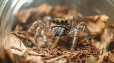 A small spider in the center of a glass tank filled with dry leaves and natural fiber substrateの素材