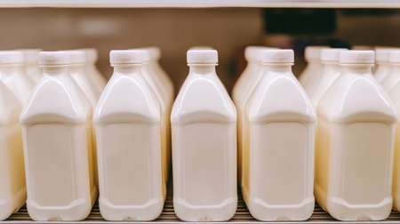 A row of identical milk cartons without labels arranged neatly on a supermarket shelfの素材