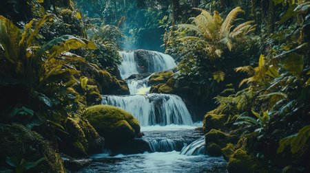 A clean, flowing waterfall surrounded by mossy rocks and dense jungle vegetationの素材
