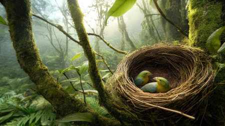 Birds' nests safely built among untouched tree branches in natural forestの素材