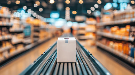 Clean carton of milk on grocery store conveyor belt with no brandingの素材