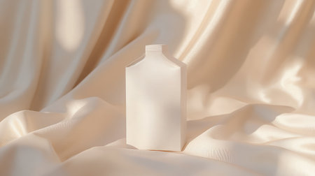 Clean, white milk carton set on beige fabric backdrop with soft shadowsの素材