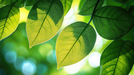 Close-up of green leaves absorbing sunlight through natural photosynthesisの素材