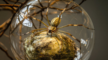 Close-up of spider's silk-wrapped retreat at the bottom of the glass terrariumの素材